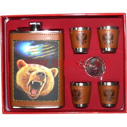 Набор Фляга 9 унций с медведем под кожу + 4 стаканчика 001-D - фото 110029