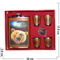 Набор Фляга 9 унций с медведем под кожу + 4 стаканчика 001-D - фото 110030
