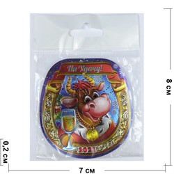 Магнит из ПВХ овальный на Удачу Бык с бокалом Символ 2021 года - фото 156037