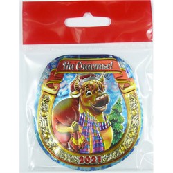 Магнит из ПВХ овальный на Счастье Бык с мешком Символ 2021 года - фото 156038