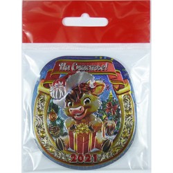 Магнит из ПВХ овальный На счастье Бык с подарком Символ 2021 года - фото 156044