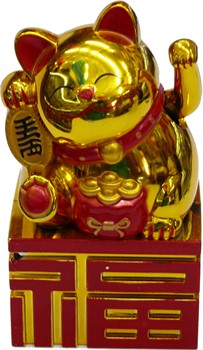 Котик Манэки-нэко белый и золотой 10,5 см на батарейках - фото 194231