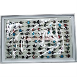 Кольца (A-130) металлические с цветными камешками 100 шт/упаковка - фото 200514