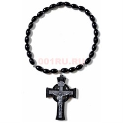 Четки христианские с крестом (2221-C) овальная бусина из черного агата 12 шт/упаковка - фото 205270
