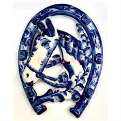 Подкова на стену 22 см высота гжель синяя Лошадь символ 2026 года - фото 223621