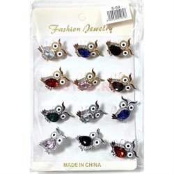 Брошь Сова (S-69) металлическая со стразами 12 шт/упаковка - фото 224129