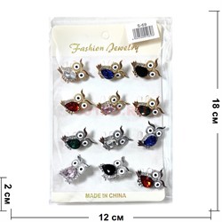 Брошь Сова (S-69) металлическая со стразами 12 шт/упаковка - фото 224130