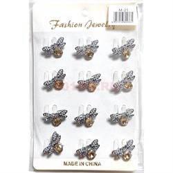 Брошь Пчела (M-21) металлическая со стразами 12 шт/упаковка - фото 224131
