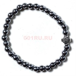 Браслет из гематита 6 мм с крестиком цвет металл - фото 224318