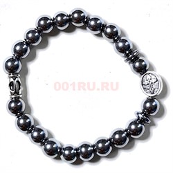 Браслет из гематита 8 мм с крестиком цвет металл - фото 224322