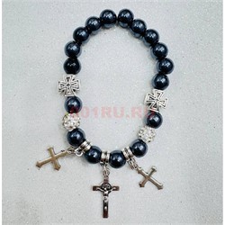 Браслет из гематита (BR-5187) с фурнитурой и крестиками 12 шт/упаковка - фото 224503