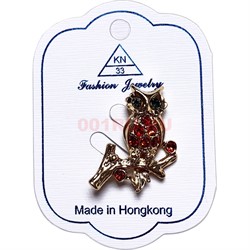 Брошь (B-116) металлическая Сова со стразами 12 шт/упаковка - фото 225633