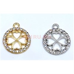 Амулет оберег Клевер 2 цвета в круге со стразами подвеска кошельковый денежный - фото 225798