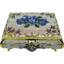 Шкатулка металлическая большая "Кремовая с голубыми розами" перламутр - фото 90384