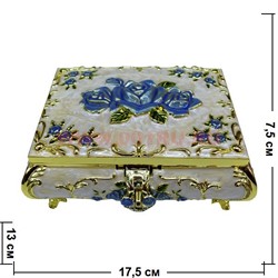 Шкатулка металлическая большая "Кремовая с голубыми розами" перламутр - фото 90386