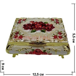 Шкатулка металлическая средняя "Кремовая с красными розами" перламутр - фото 90430