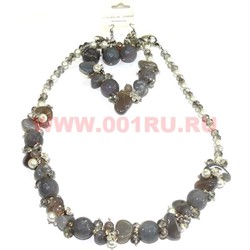 Набор:бусы, браслет, серьги из натур. камня 45 см серый агат - фото 96711