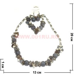 Набор:бусы, браслет, серьги из натур. камня 45 см серый агат - фото 96712