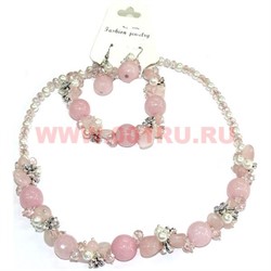 Набор:бусы, браслет, серьги из натур. камня 45 см розовый кварц - фото 96729
