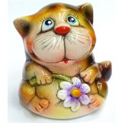 Фигурка из цветной керамики (2) Кот с цветком 6,5 см