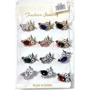 Брошь Сова (S-69) металлическая со стразами 12 шт/упаковка