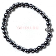Браслет из гематита 6 мм с крестиком цвет металл