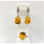 Набор 2-в-1 кольцо и серьги из янтаря цвет металл (YA-004)