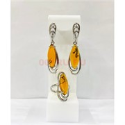 Набор 2-в-1 кольцо и серьги из янтаря цвет металл (YA-010)